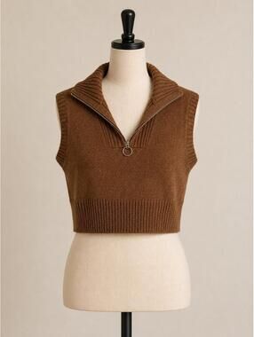Brown Zip Neck Sweater Vest Y2K Preppy Cozy Knit
